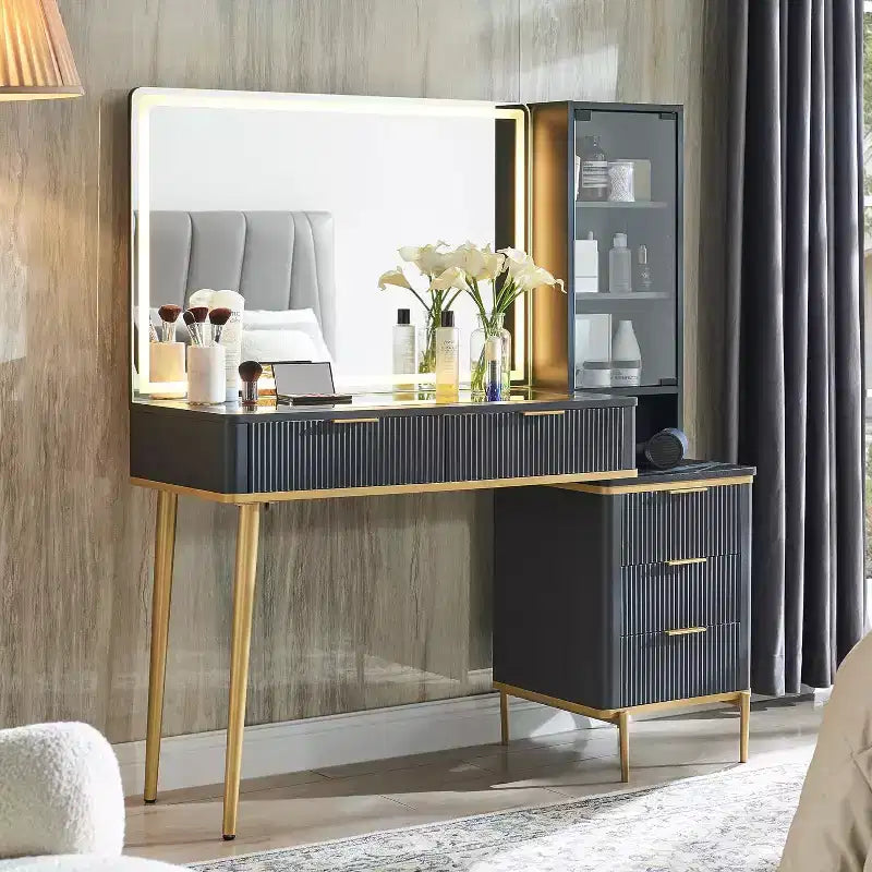 Fluted Makeup Vanity Tables with 36 HD Lighted Mirror, 48 Big Modern Vanity Desk with Glass Top & 5 Drawers & Shelves, Dressing Table