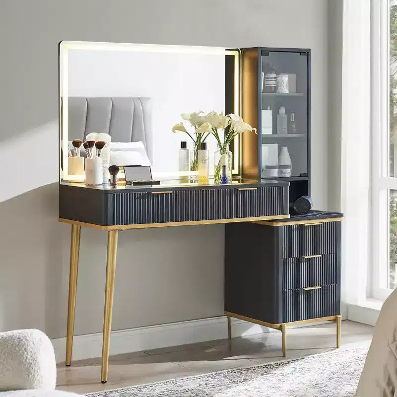 Fluted Makeup Vanity Tables with 36 HD Lighted Mirror, 48 Big Modern Vanity Desk with Glass Top & 5 Drawers & Shelves, Dressing Table