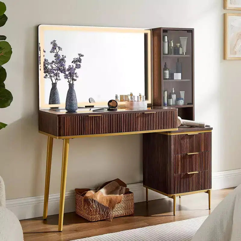 Fluted Makeup Vanity Tables with 36 HD Lighted Mirror, 48 Big Modern Vanity Desk with Glass Top & 5 Drawers & Shelves, Dressing Table