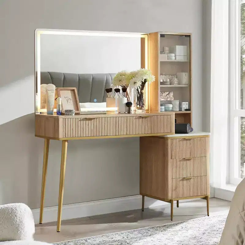 Fluted Makeup Vanity Tables with 36 HD Lighted Mirror, 48 Big Modern Vanity Desk with Glass Top & 5 Drawers & Shelves, Dressing Table