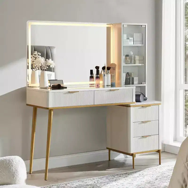 Fluted Makeup Vanity Tables with 36 HD Lighted Mirror, 48 Big Modern Vanity Desk with Glass Top & 5 Drawers & Shelves, Dressing Table