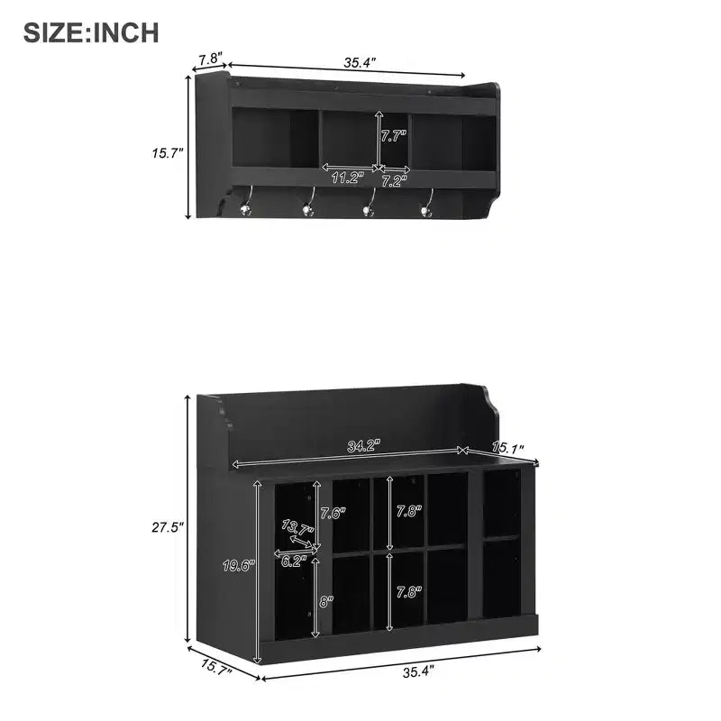 Elegant Hall Tree with Wall Mounted Coat Rack and Adjustable Shelves and 4 Hooks
