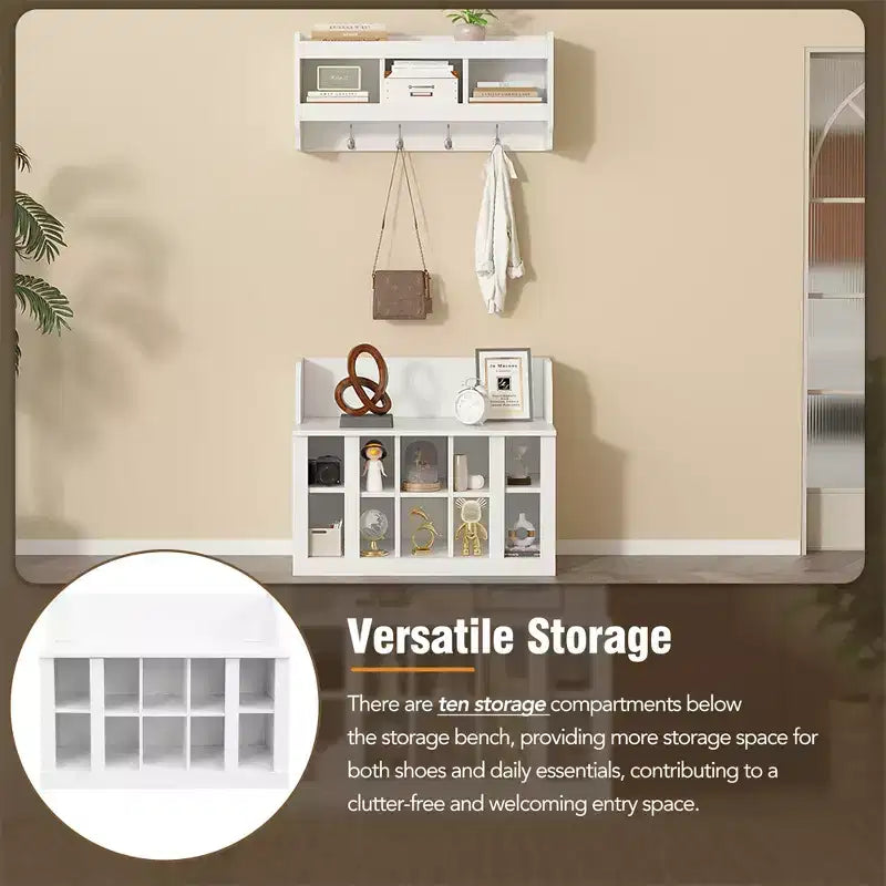 Elegant Hall Tree with Wall Mounted Coat Rack and Adjustable Shelves and 4 Hooks