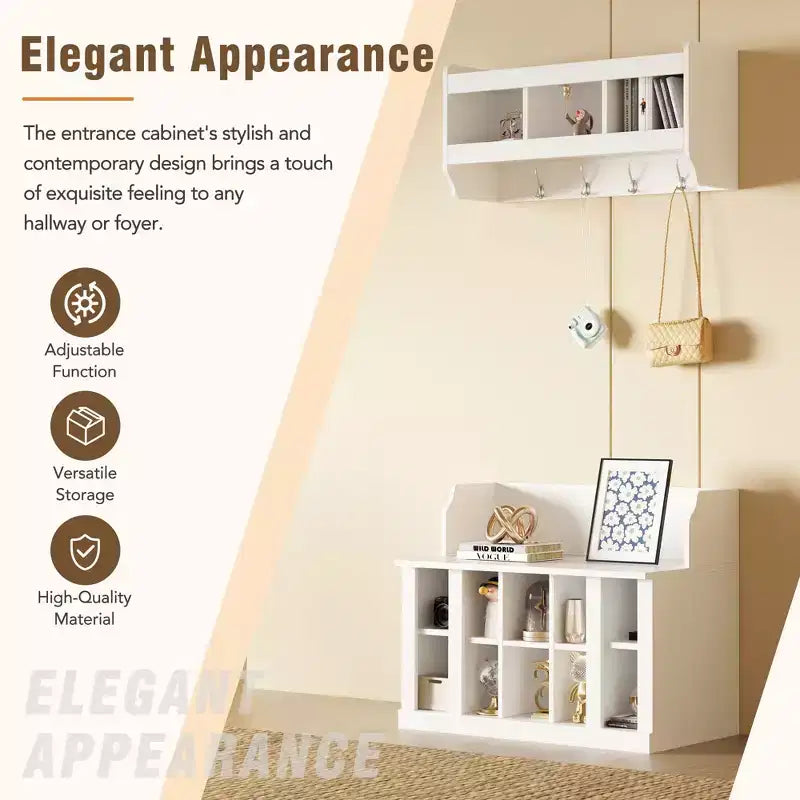 Elegant Hall Tree with Wall Mounted Coat Rack and Adjustable Shelves and 4 Hooks