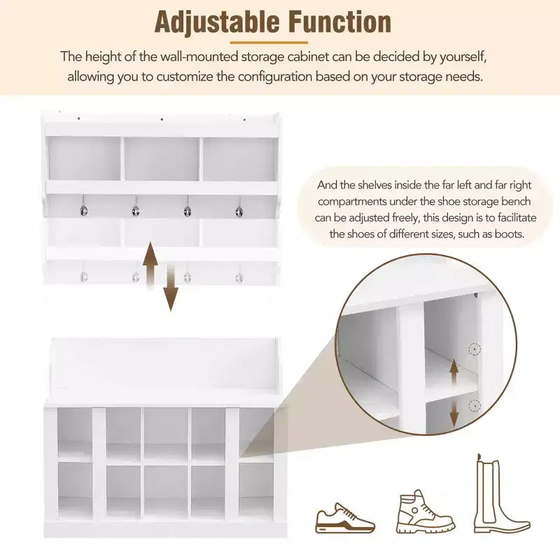 Elegant Hall Tree with Wall Mounted Coat Rack and Adjustable Shelves and 4 Hooks