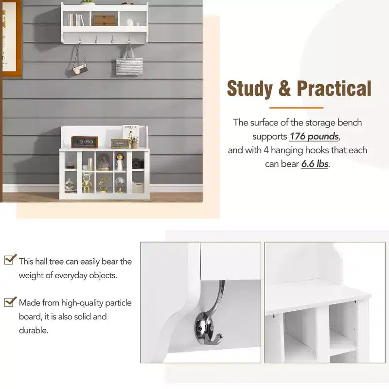 Elegant Hall Tree with Wall Mounted Coat Rack and Adjustable Shelves and 4 Hooks
