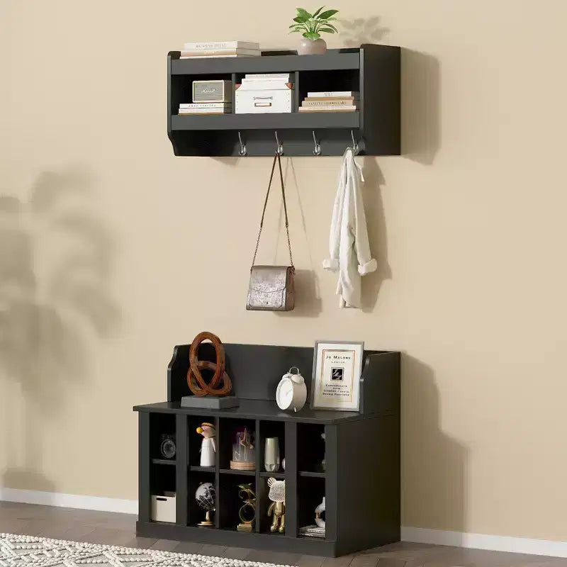 Elegant Hall Tree with Wall Mounted Coat Rack and Adjustable Shelves and 4 Hooks
