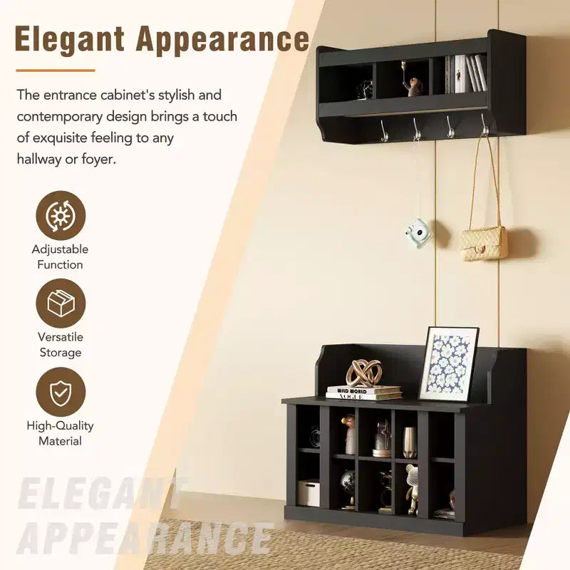 Elegant Hall Tree with Wall Mounted Coat Rack and Adjustable Shelves and 4 Hooks