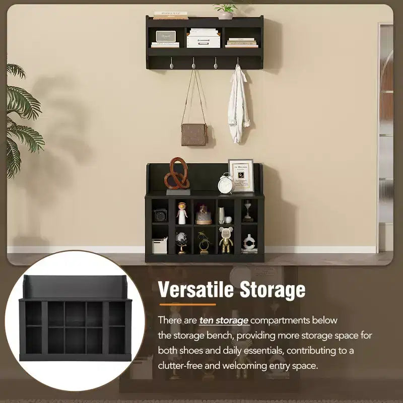 Elegant Hall Tree with Wall Mounted Coat Rack and Adjustable Shelves and 4 Hooks