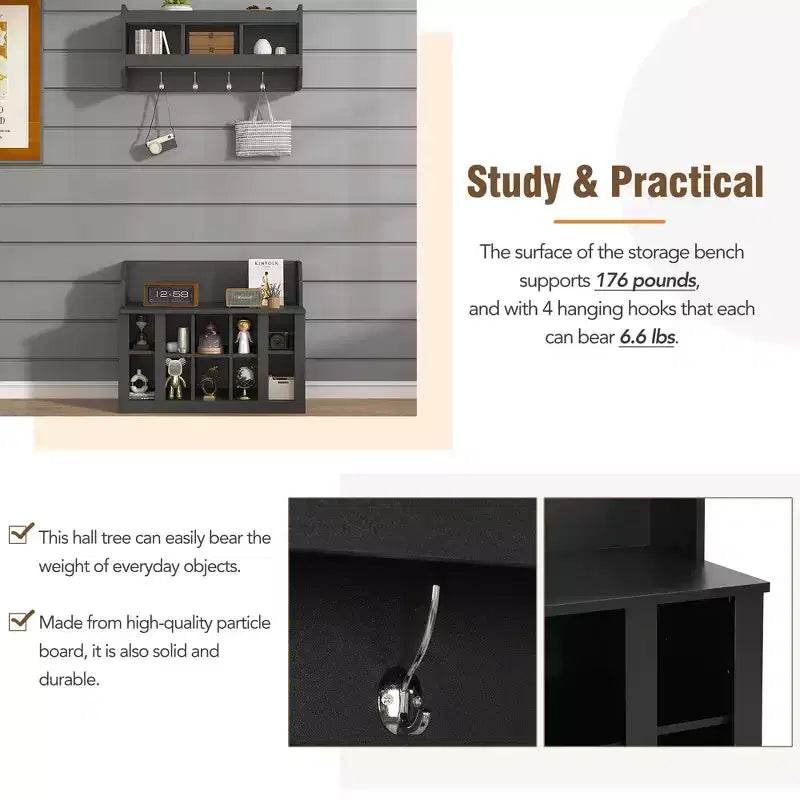 Elegant Hall Tree with Wall Mounted Coat Rack and Adjustable Shelves and 4 Hooks