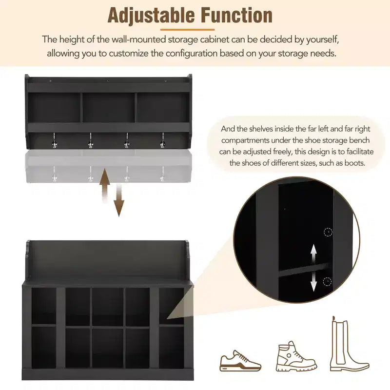 Elegant Hall Tree with Wall Mounted Coat Rack and Adjustable Shelves and 4 Hooks