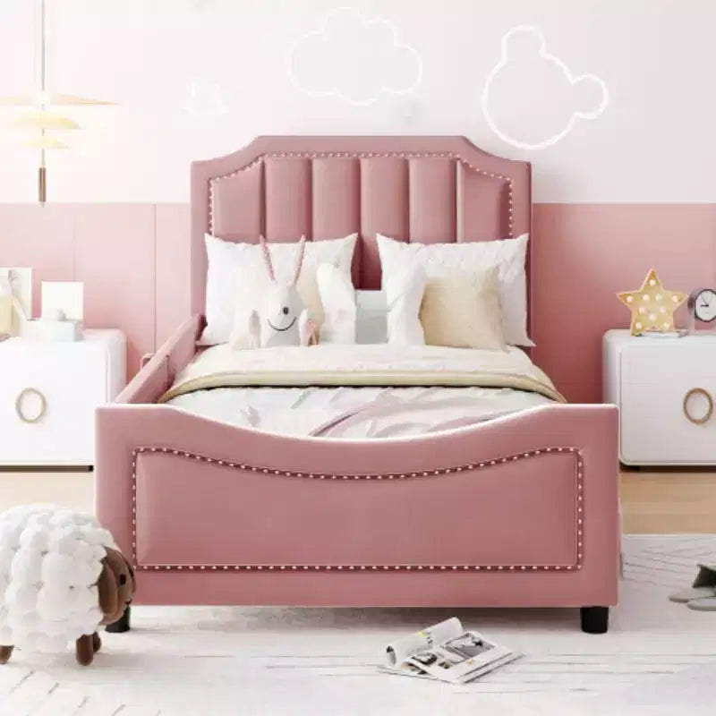 Beige Twin Size Upholstered Daybed with Classic Stripe Design Headboard