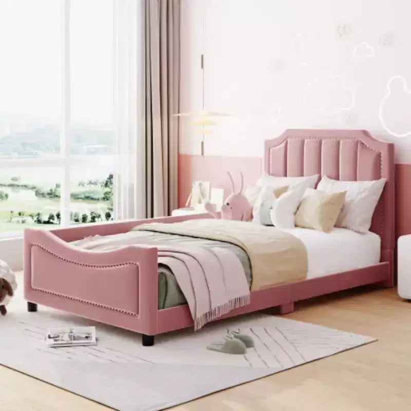 Beige Twin Size Upholstered Daybed with Classic Stripe Design Headboard