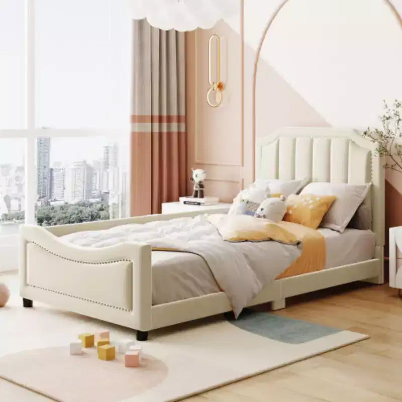 Beige Twin Size Upholstered Daybed with Classic Stripe Design Headboard