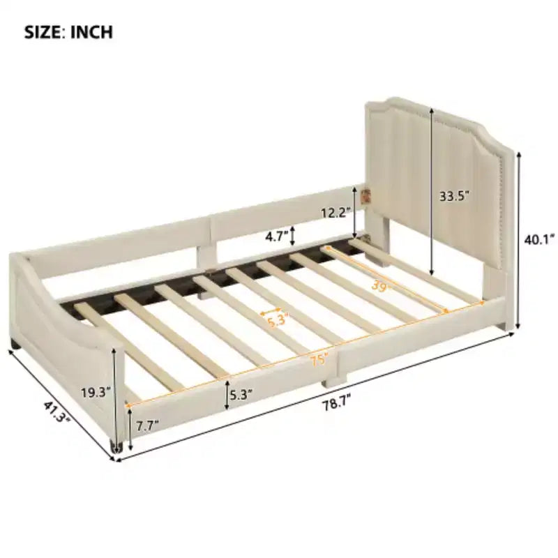 Beige Twin Size Upholstered Daybed with Classic Stripe Design Headboard