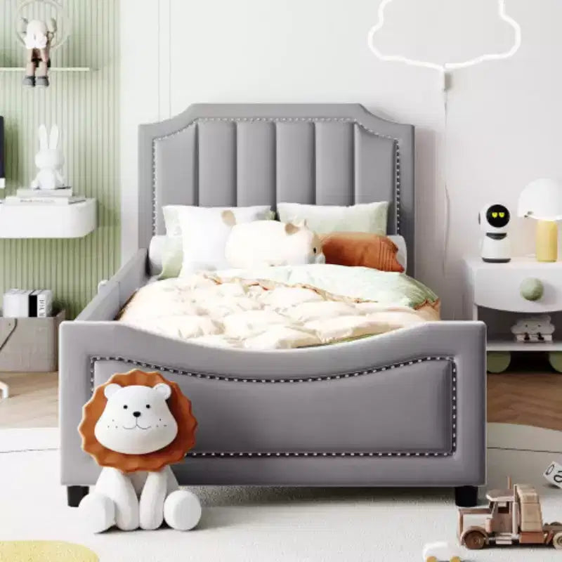 Beige Twin Size Upholstered Daybed with Classic Stripe Design Headboard