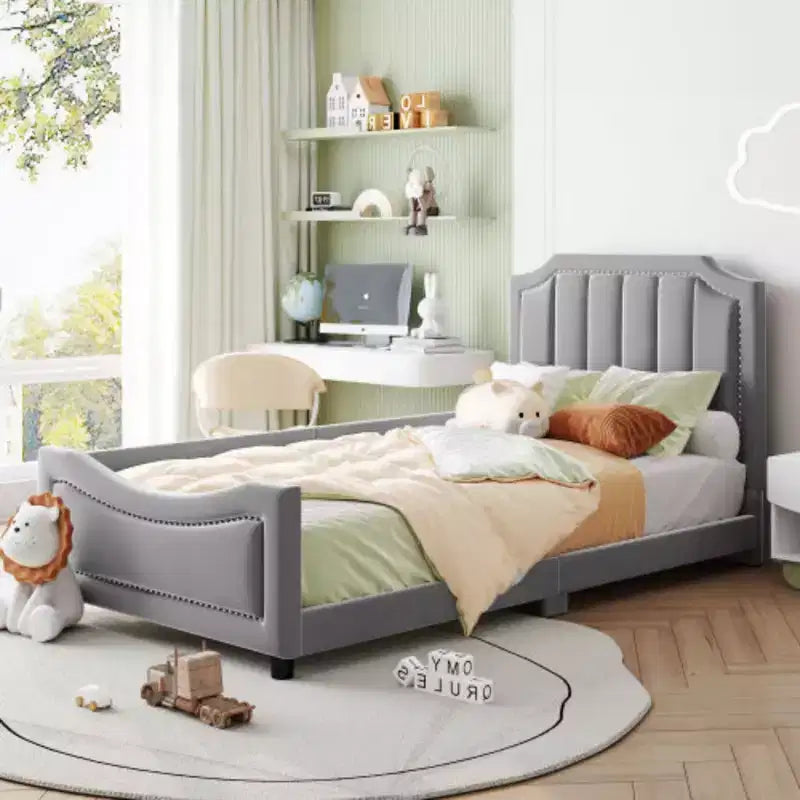 Beige Twin Size Upholstered Daybed with Classic Stripe Design Headboard