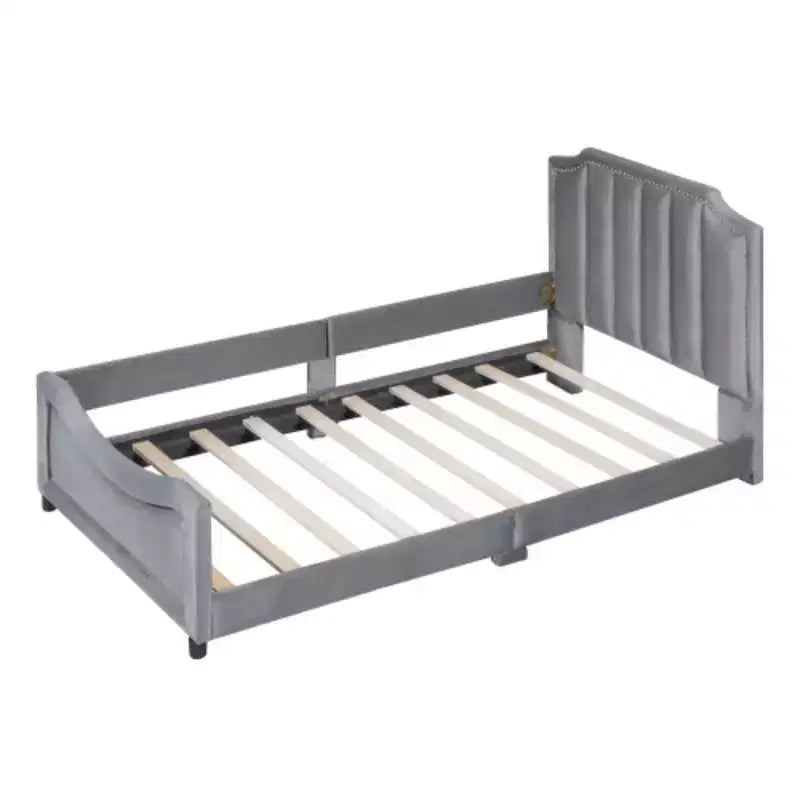 Beige Twin Size Upholstered Daybed with Classic Stripe Design Headboard
