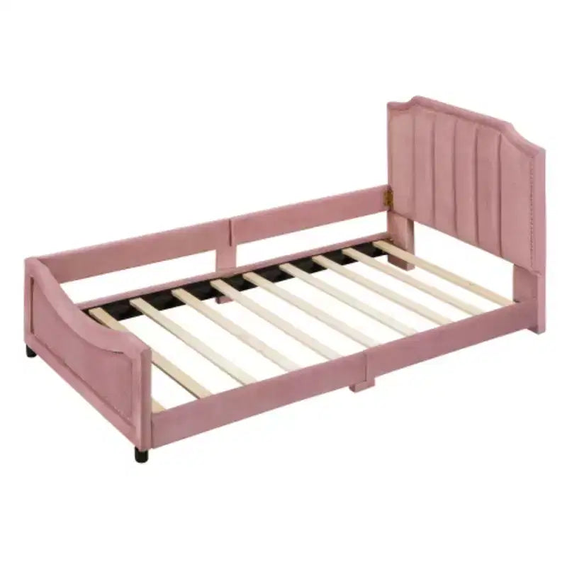 Beige Twin Size Upholstered Daybed with Classic Stripe Design Headboard