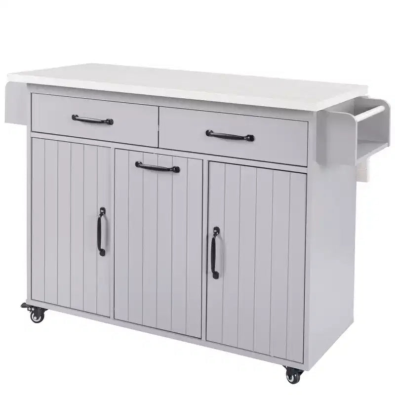 Rolling Kitchen Island with Trash Can Cabinet, Drop Leaf, Spice Rack, Towel Rack, Drawer, and Adjustable Shelf