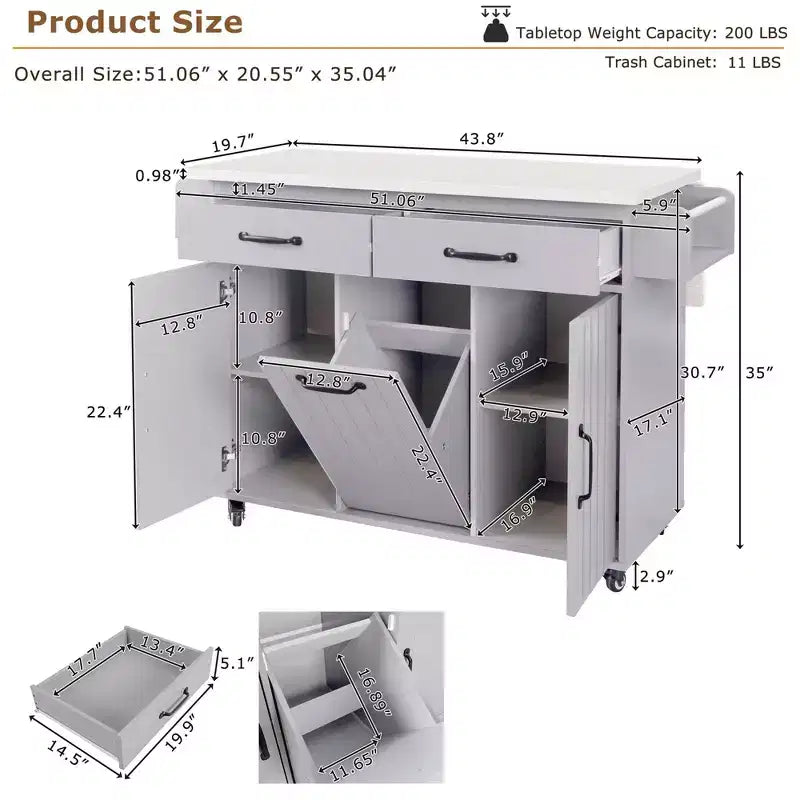 Rolling Kitchen Island with Trash Can Cabinet, Drop Leaf, Spice Rack, Towel Rack, Drawer, and Adjustable Shelf