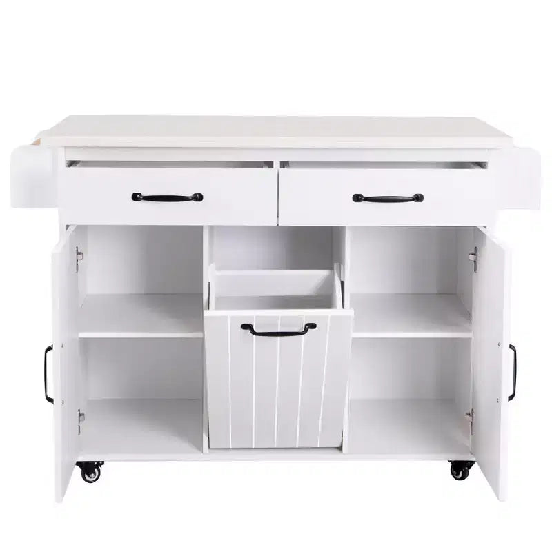 Rolling Kitchen Island with Trash Can Cabinet, Drop Leaf, Spice Rack, Towel Rack, Drawer, and Adjustable Shelf