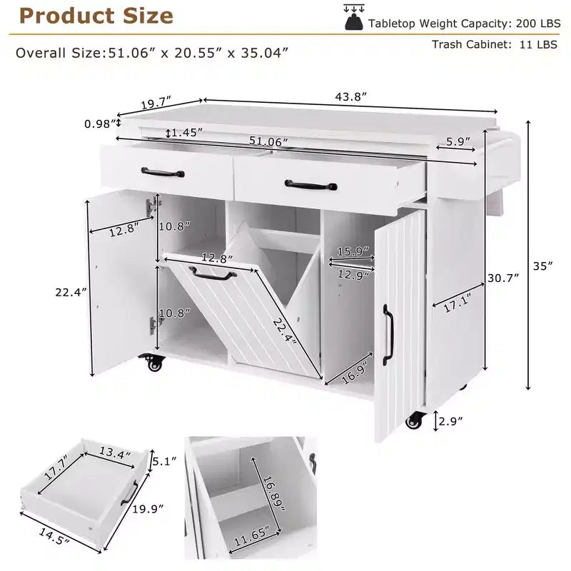 Rolling Kitchen Island with Trash Can Cabinet, Drop Leaf, Spice Rack, Towel Rack, Drawer, and Adjustable Shelf
