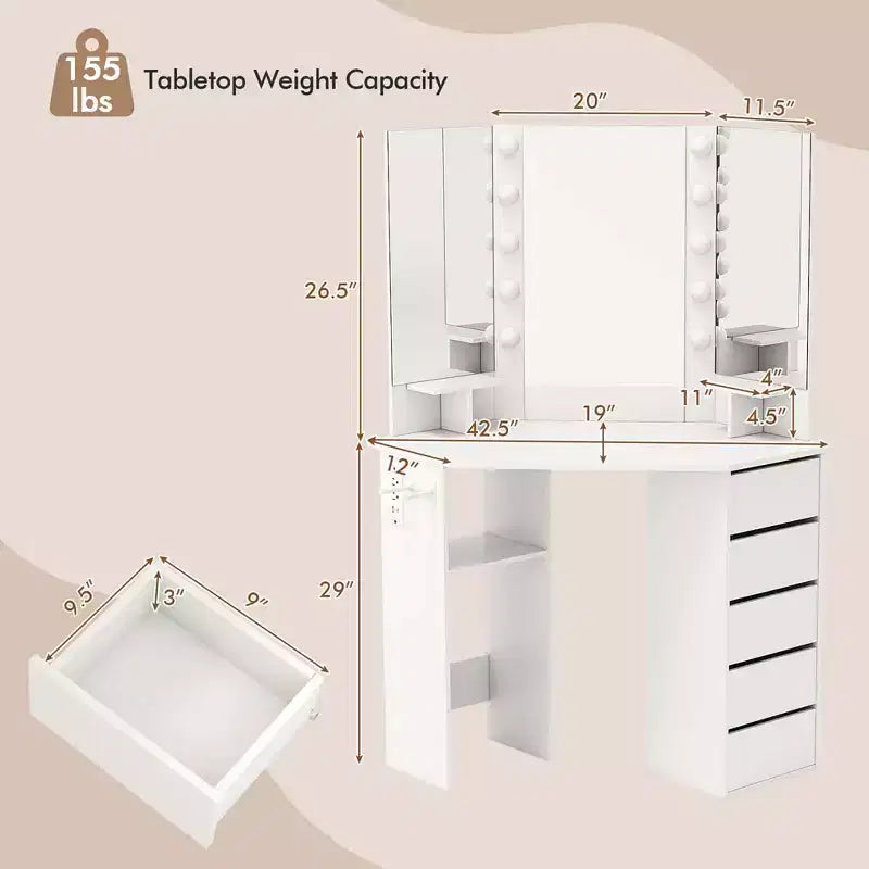 Costway Corner Vanity Desk Cosmetic Vanity Station with LED Mirror,& Power Outlets Black/White