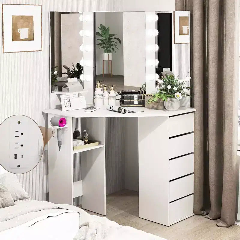 Costway Corner Vanity Desk Cosmetic Vanity Station with LED Mirror,& Power Outlets Black/White
