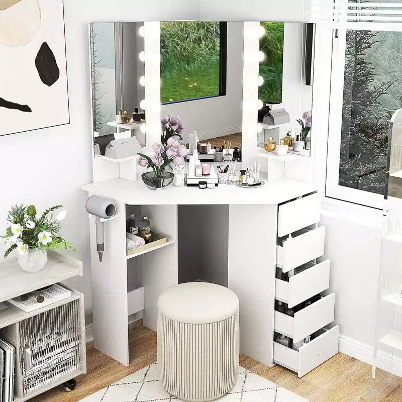Costway Corner Vanity Desk Cosmetic Vanity Station with LED Mirror,& Power Outlets Black/White