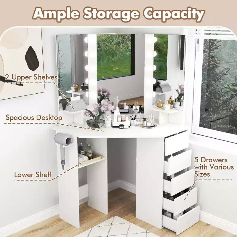 Costway Corner Vanity Desk Cosmetic Vanity Station with LED Mirror,& Power Outlets Black/White