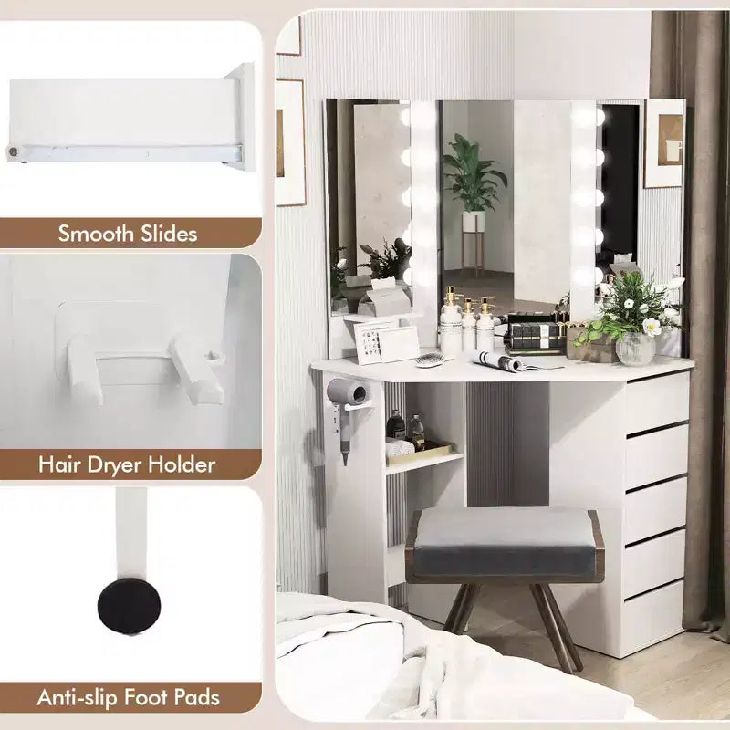 Costway Corner Vanity Desk Cosmetic Vanity Station with LED Mirror,& Power Outlets Black/White