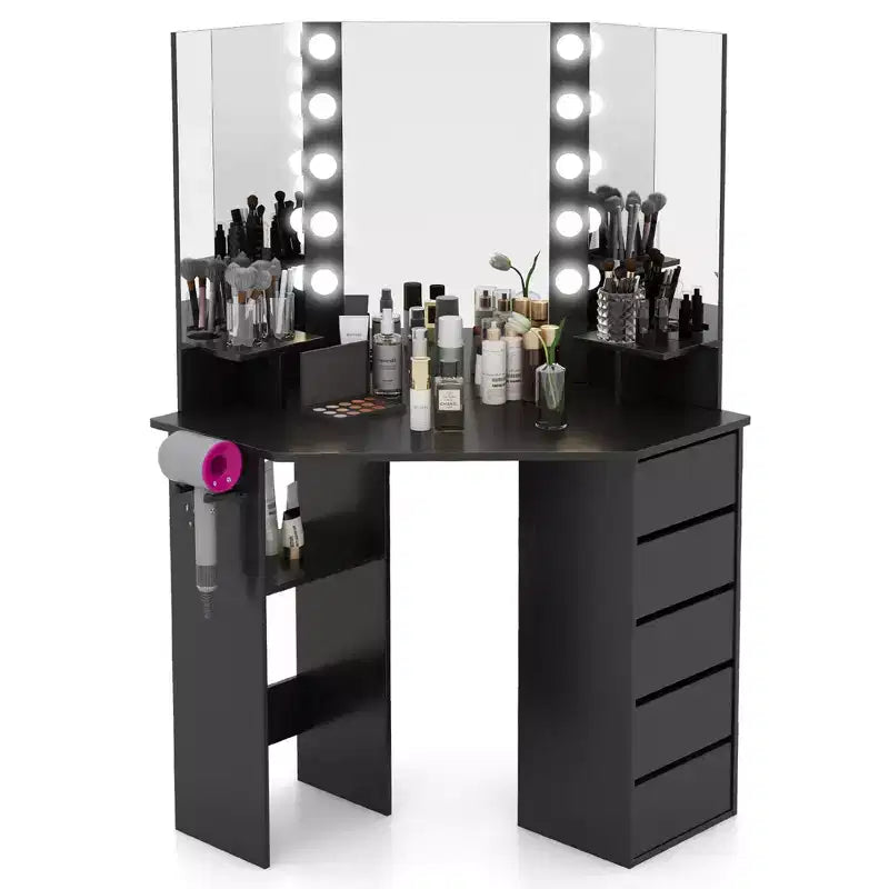 Costway Corner Vanity Desk Cosmetic Vanity Station with LED Mirror,& Power Outlets Black/White
