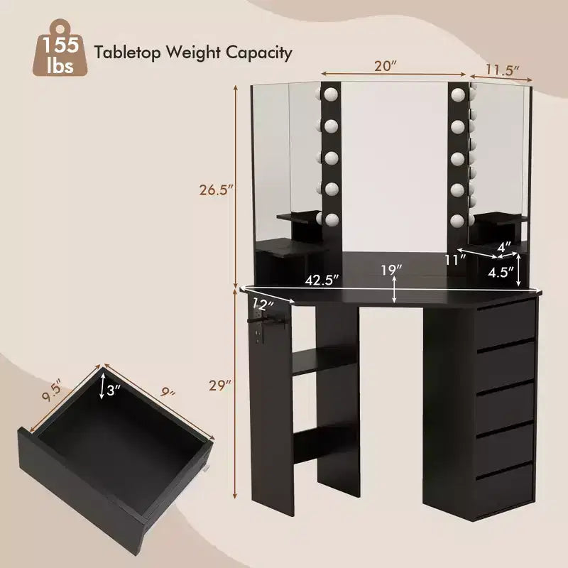 Costway Corner Vanity Desk Cosmetic Vanity Station with LED Mirror,& Power Outlets Black/White