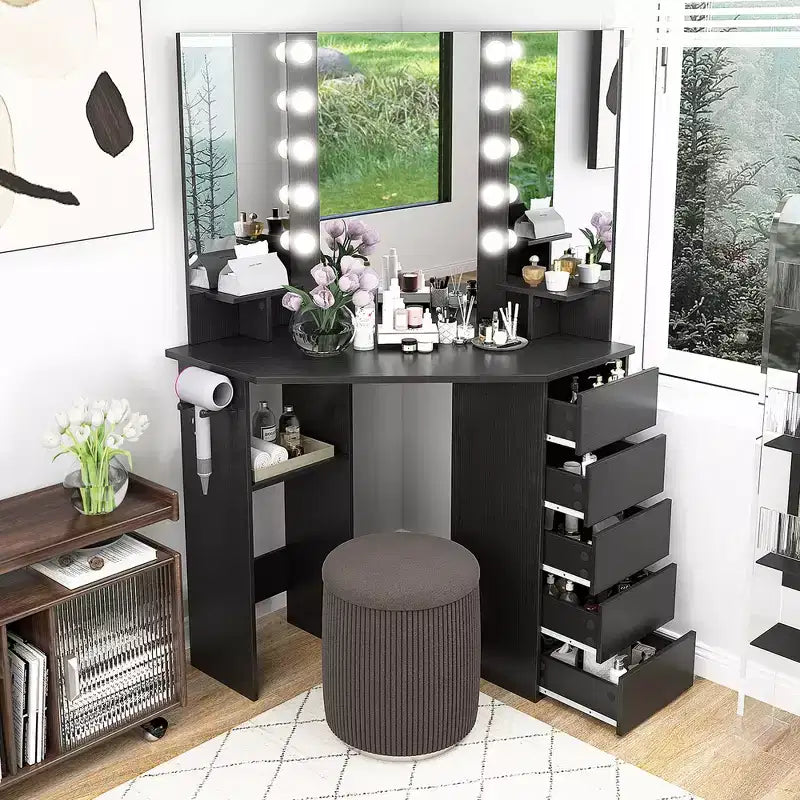 Costway Corner Vanity Desk Cosmetic Vanity Station with LED Mirror,& Power Outlets Black/White