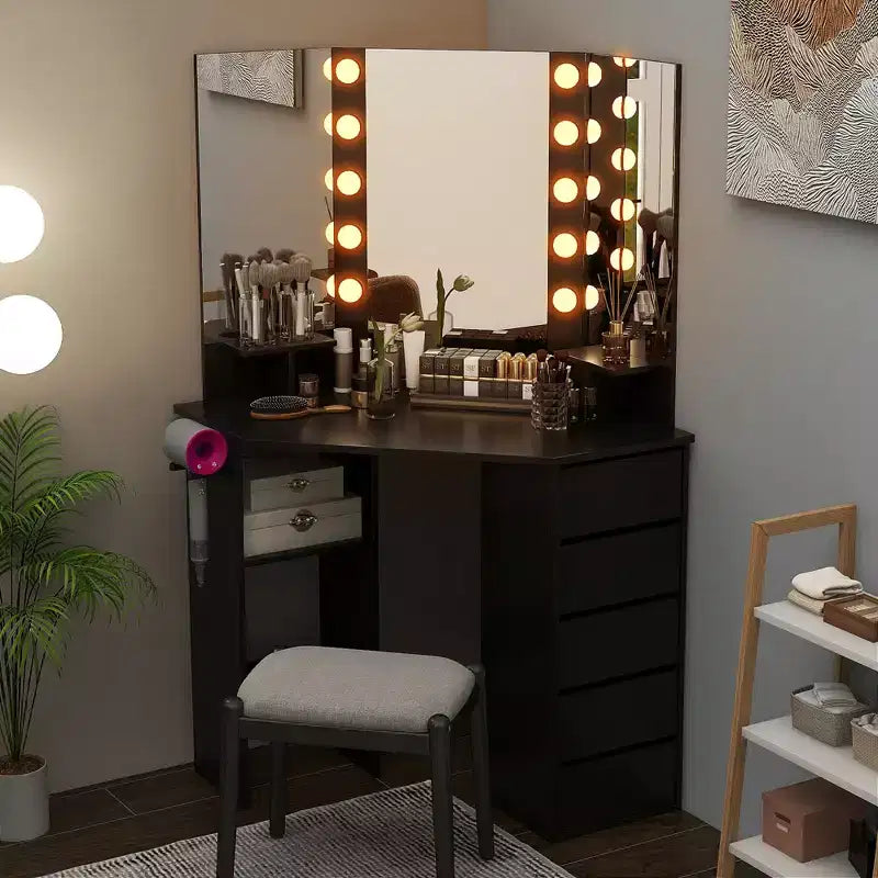 Costway Corner Vanity Desk Cosmetic Vanity Station with LED Mirror,& Power Outlets Black/White