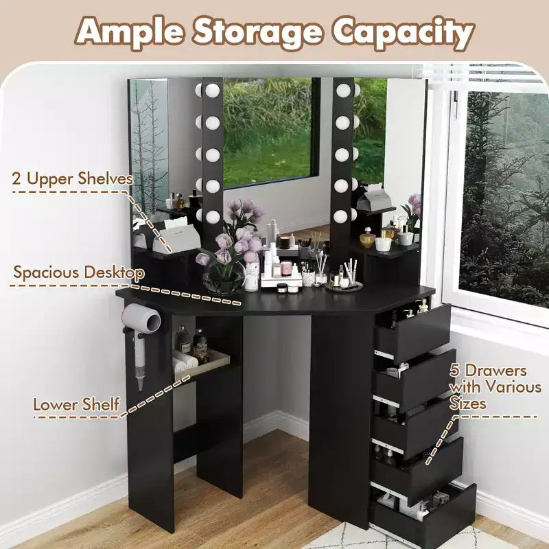 Costway Corner Vanity Desk Cosmetic Vanity Station with LED Mirror,& Power Outlets Black/White