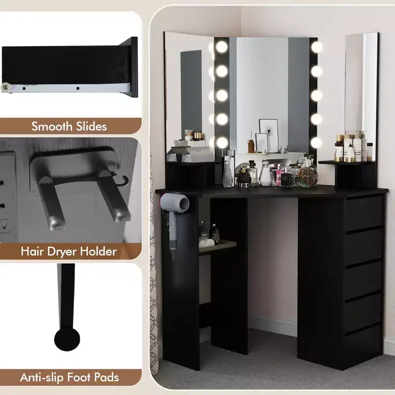 Costway Corner Vanity Desk Cosmetic Vanity Station with LED Mirror,& Power Outlets Black/White