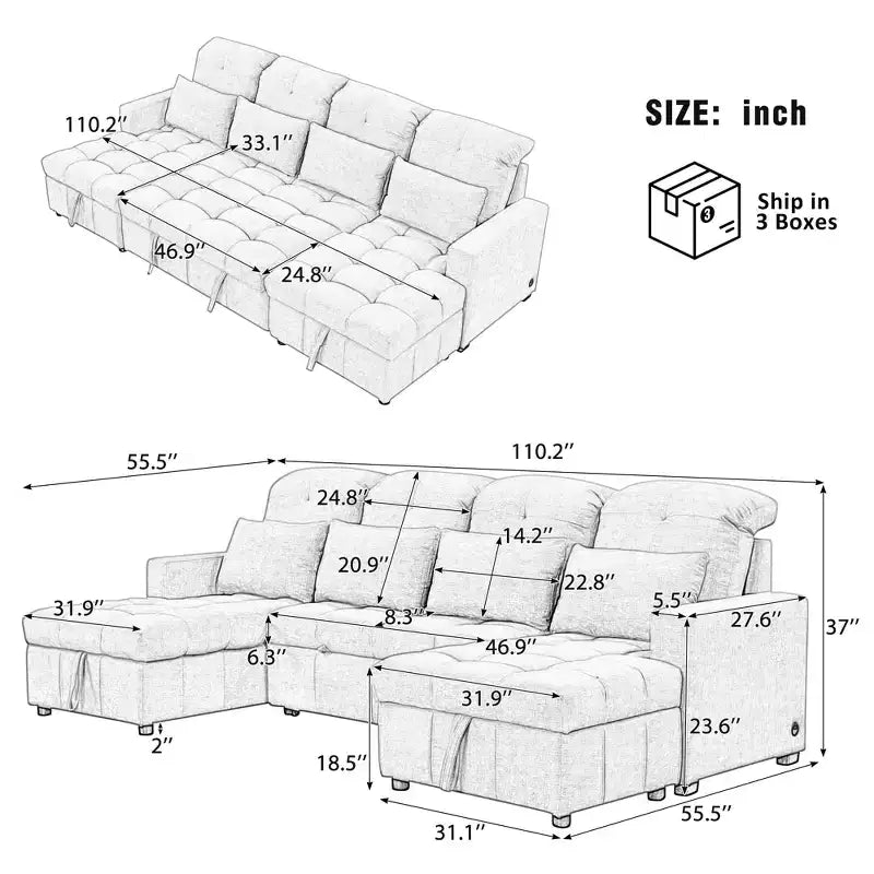 110.2W Oversized U-Shaped Sectional Sofa, Pull-Out Sofa Bed with Double Storage Chaise Lounges and 2 USB Ports - ModernLuxe
