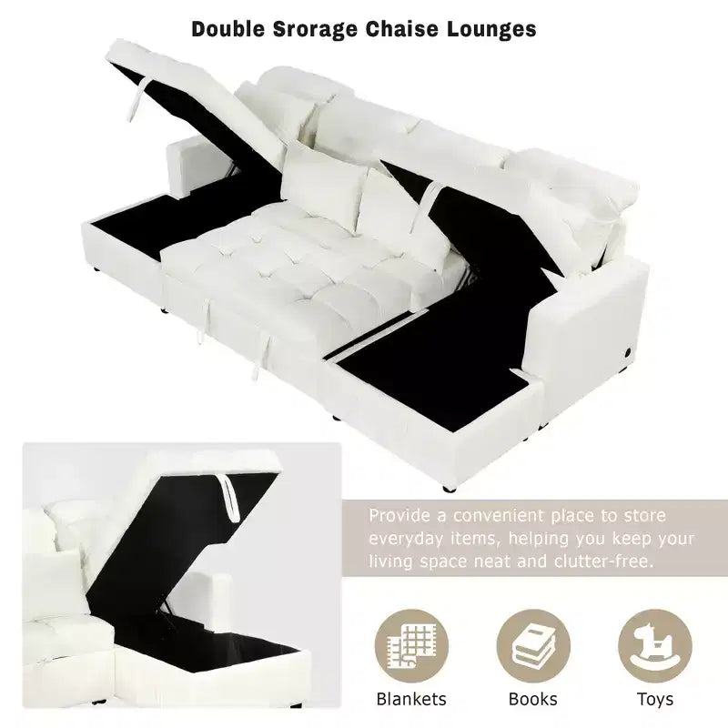 110.2W Oversized U-Shaped Sectional Sofa, Pull-Out Sofa Bed with Double Storage Chaise Lounges and 2 USB Ports - ModernLuxe