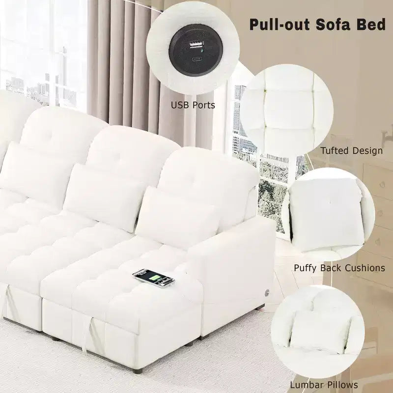 110.2W Oversized U-Shaped Sectional Sofa, Pull-Out Sofa Bed with Double Storage Chaise Lounges and 2 USB Ports - ModernLuxe