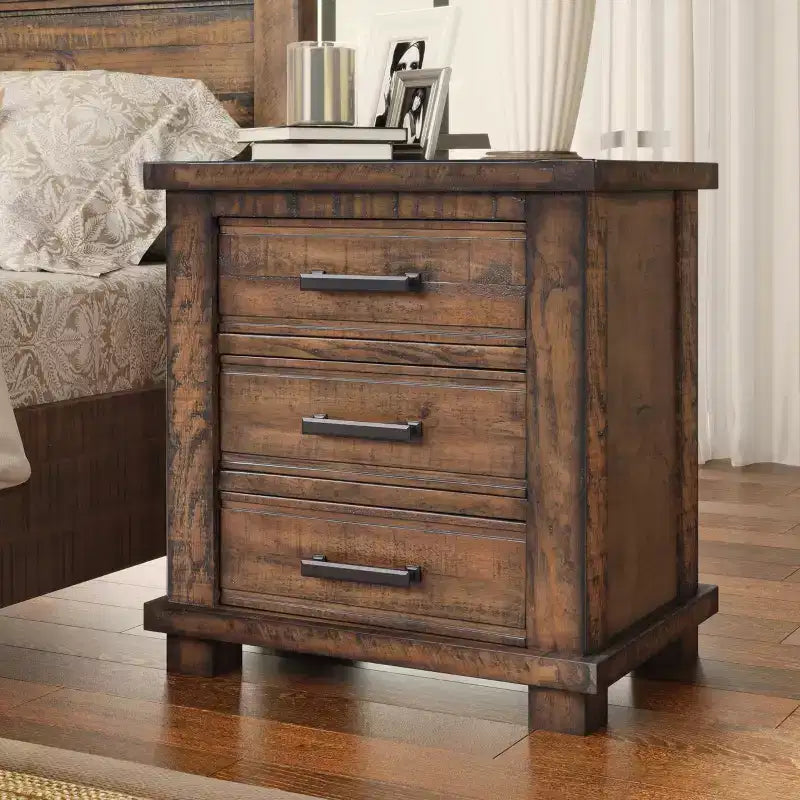 24W Farmhouse Nightstand End Table with 3 Drawers and Reclaimed Pine Wood Frame, Natural