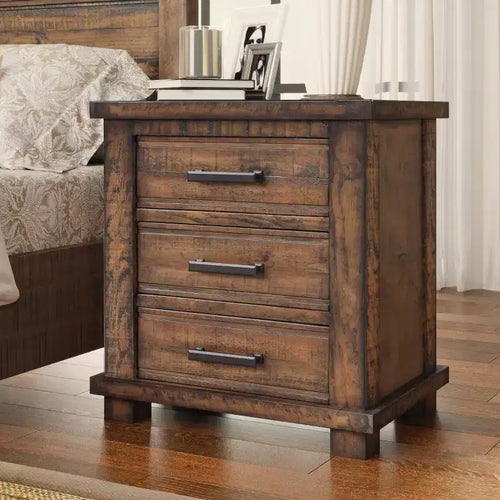 24W Farmhouse Nightstand End Table with 3 Drawers and Reclaimed Pine Wood Frame, Natural