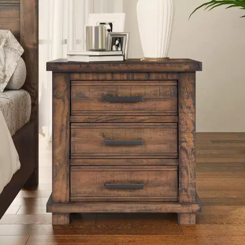 24W Farmhouse Nightstand End Table with 3 Drawers and Reclaimed Pine Wood Frame, Natural
