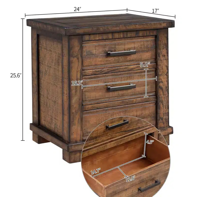 24W Farmhouse Nightstand End Table with 3 Drawers and Reclaimed Pine Wood Frame, Natural