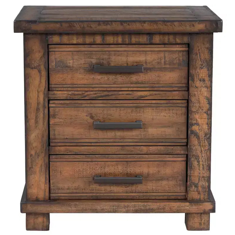 24W Farmhouse Nightstand End Table with 3 Drawers and Reclaimed Pine Wood Frame, Natural