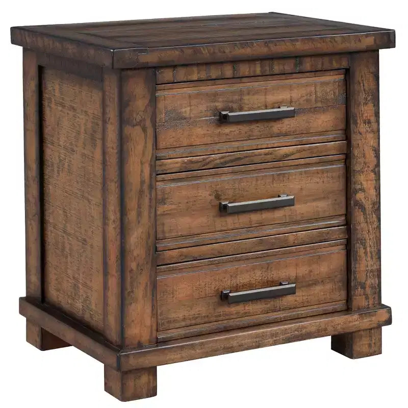 24W Farmhouse Nightstand End Table with 3 Drawers and Reclaimed Pine Wood Frame, Natural