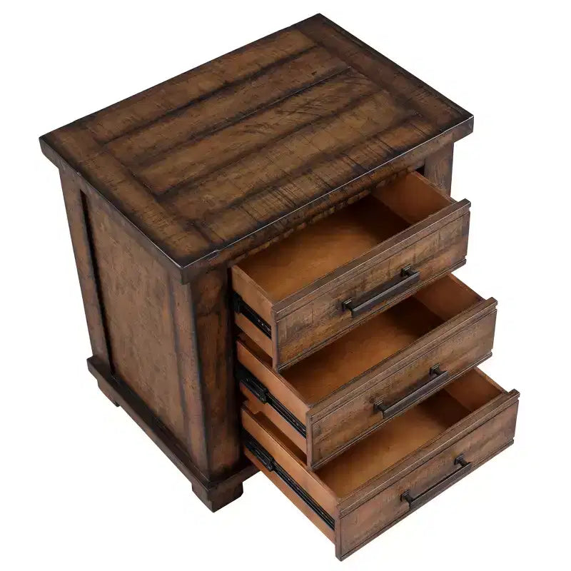 24W Farmhouse Nightstand End Table with 3 Drawers and Reclaimed Pine Wood Frame, Natural