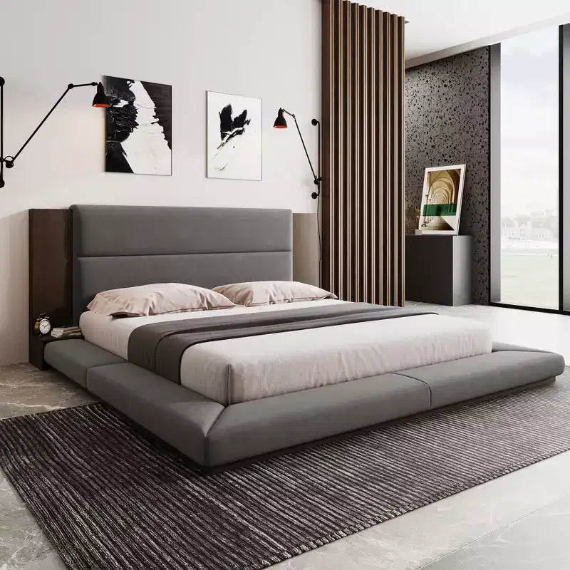 Queen/King Size Floor Upholstered Platform Bed Frame with Upholstered Headboard and Bedside Table, No Box Spring Needed, Grey