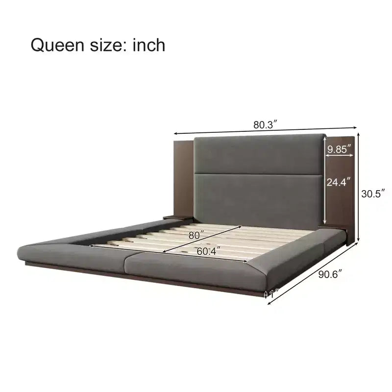 Queen/King Size Floor Upholstered Platform Bed Frame with Upholstered Headboard and Bedside Table, No Box Spring Needed, Grey